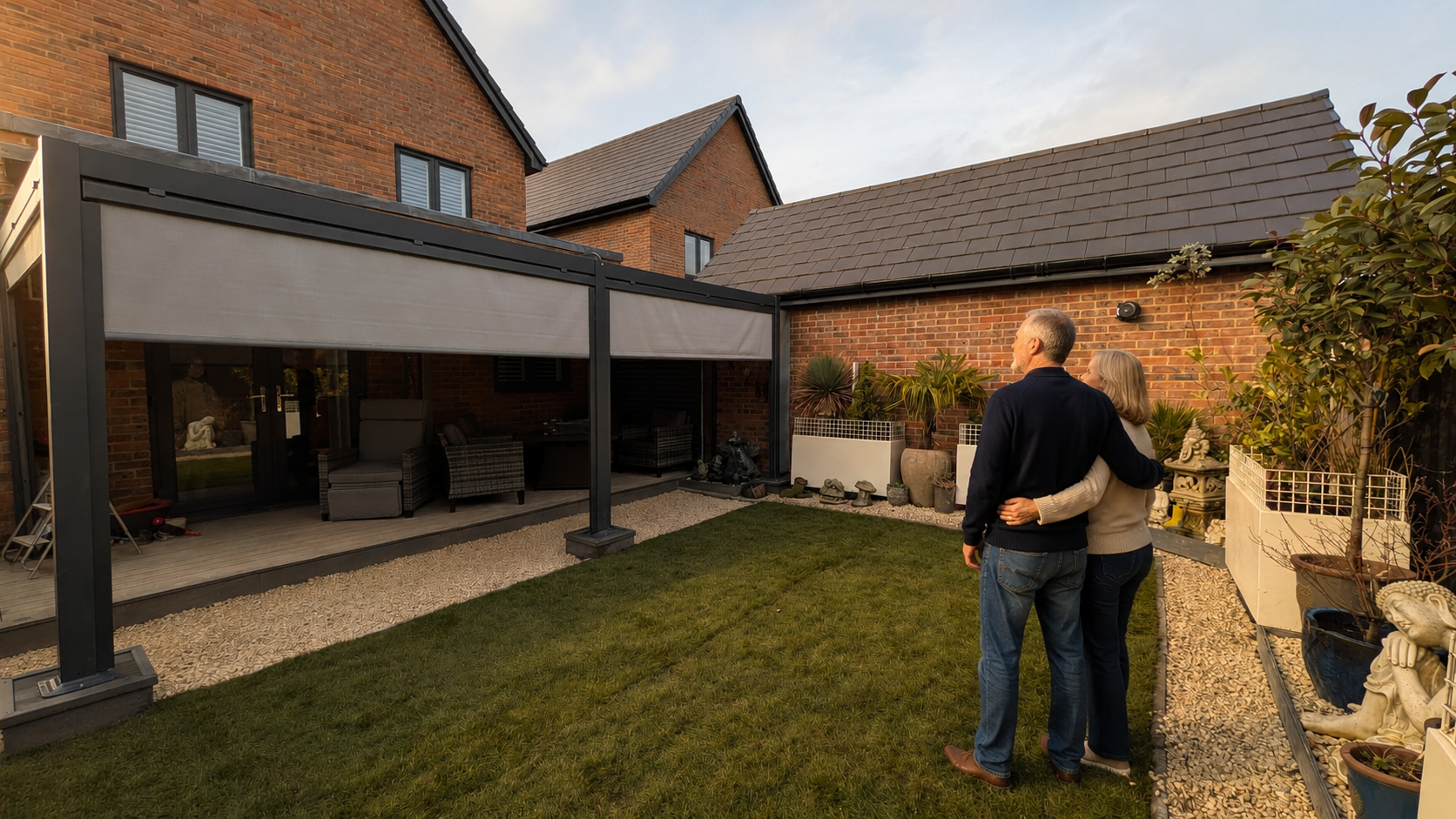 Couple enjoying their completed pergola and landscaped Surrey garden